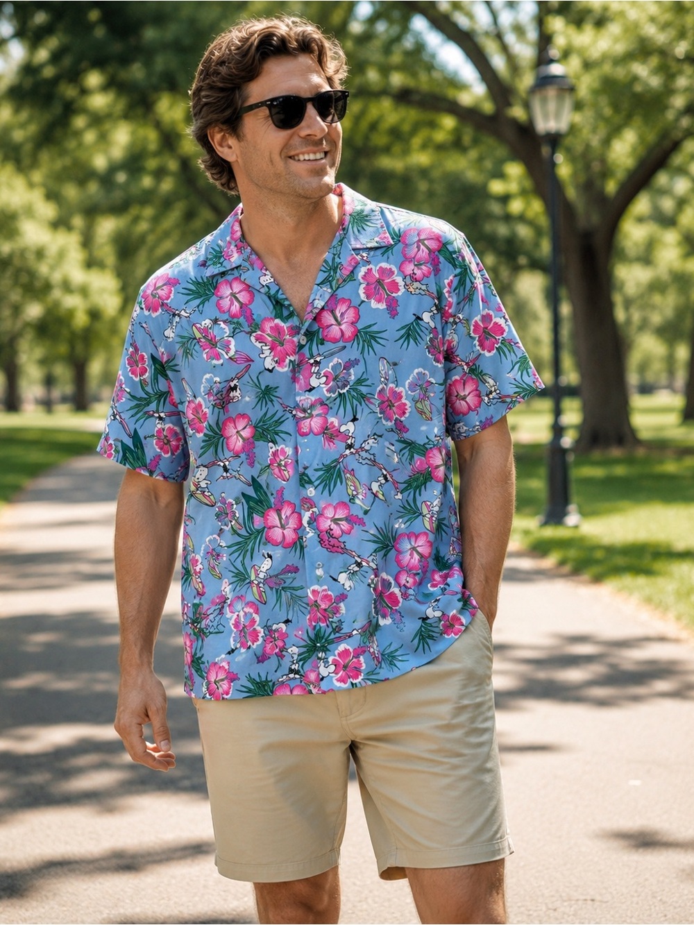 Peanuts Blue Button-Down Shirt with Pink Floral Print